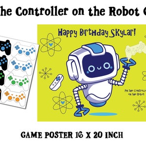 May include: A yellow game poster with a white robot holding a video game controller. The poster says "Pin the Controller on the Robot Game" and "Happy Birthday SkyLar!" The poster is 16 inches by 20 inches.