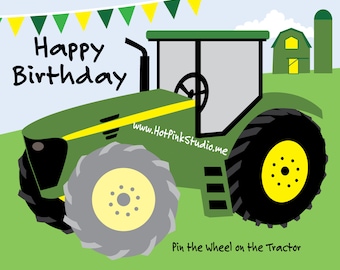 Pin the Wheel on the Tractor Birthday party game - Green tractor game - Farm party game INSTANT DOWNLOAD  Printable jpeg files