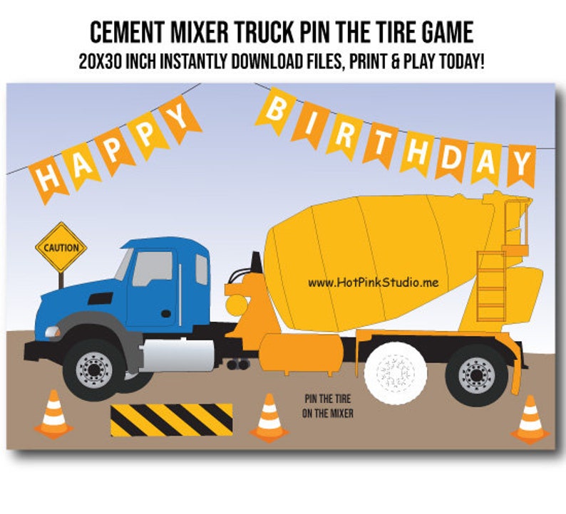 JUEGO Pin the Tire on the Cement Mixer Truck juego de cumpleaños Juego de construcción DIGITAL para niños, página para colorear GRATIS incluida imagen 1