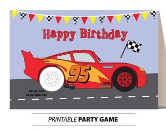 May include: Printable party game featuring a red race car with the number 95 on the side. The game is called "Pin the Tyre on the Race Car".