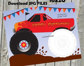 Może przedstawiać: Cyfrowy plakat przedstawiający czerwony monster truck z pomarańczowymi płomieniami, napis Happy Birthday oraz puste białe koło na oponę. Projekt zawiera kolorowe trójkątne chorągiewki, brązowe błoto i tekst Instant Download JPG FILES 16x20".