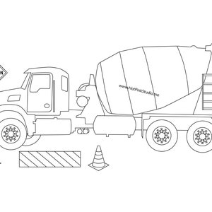 JUEGO Pin the Tire on the Cement Mixer Truck juego de cumpleaños Juego de construcción DIGITAL para niños, página para colorear GRATIS incluida imagen 4