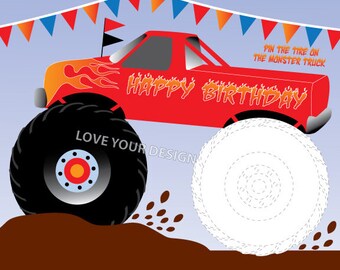 Truck GAME Pin Tire on the Monster Truck Happy Birthday party game FREE Truck Coloring Page Instant DOWNLOAD - printable digital jpeg files