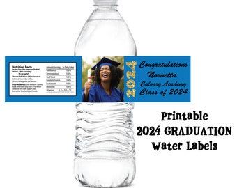 Graduation GOLD GLITTER 2024 Photo Water Bottle Labels with photo Printable