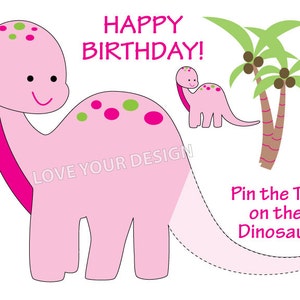 Pink Dinosaur Birthday Party Game: Pin the Tail, Coloring Page (Digital Download)