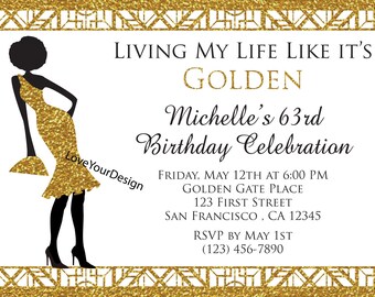 Gold Glitter Afro Queen Mini Dress Birthday Invitation: Living My Life Golden (Digital Download)