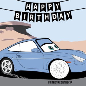 Race Cars GAME- Pin the tire on the Blue Car Birthday Game and free Car Coloring page INSTANT DOWNLOAD digital files Sally Carrera porsche