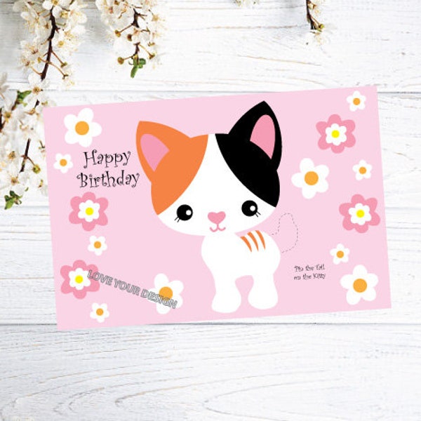 Cat Kitten Pin the Tail on the Cute Cat Birthday Game Plus FREE Coloring page INSTANT DOWNLOAD Pink flowers