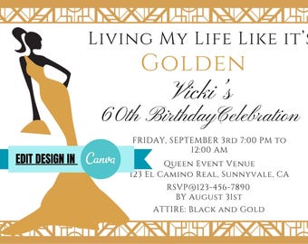 Gold Living My Life Like It's Golden Birthday Invitation: DIY Printable (Canva Template)