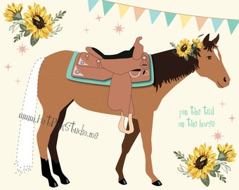 Pin the Tail on the Horse Birthday Game: Sunflower Cowgirl Party (Digital Download)