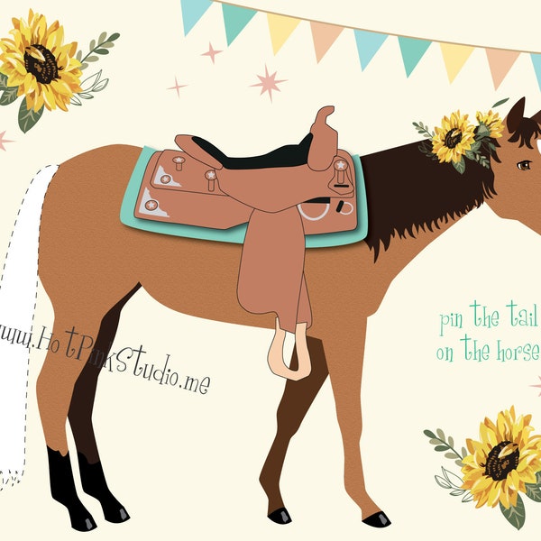 GAME Pin the Tail on the Horse Birthday Game Horse Birthday Party Decor Cowgirl Floral Yellow Sunflower Instant Download