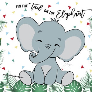 Pin the Tail on the Elephant Kids Party Game, Safari Birthday Game Activity Printable, FREE Elephant coloring page Printable Poster