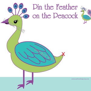 May include: A printable game for children called "Pin the Feather on the Peacock". The game features a cartoon peacock with a blue and green body and purple feathers. There is an X on the peacock's tail where players can pin a feather.