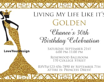 Barbie Crown Gold Glitter Golden Birthday Invitation Afro Queen Any Age Birthday  YOU PRINT