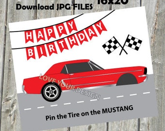 Race Car Game- Pin the tire on the Ford Mustang Birthday Game INSTANT DOWNLOAD digital files