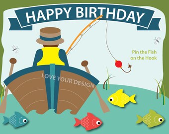 Pin the Fish on the Hook Birthday party game- INSTANT DOWNLOAD - printable digital jpeg files