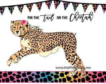 Cheetah Pin the Tail Birthday Game: Rainbow Theme (Digital Download)