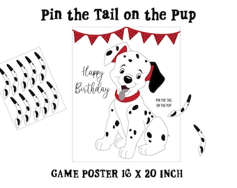 Dalmatian Birthday Party Game: Pin the Tail, Red Banner (Digital Download)