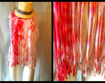 50% off Vintage Style Pink Red Orange Tie Dyed Size S-L Fringed Beaded Beach Cover up Festival Hippie
