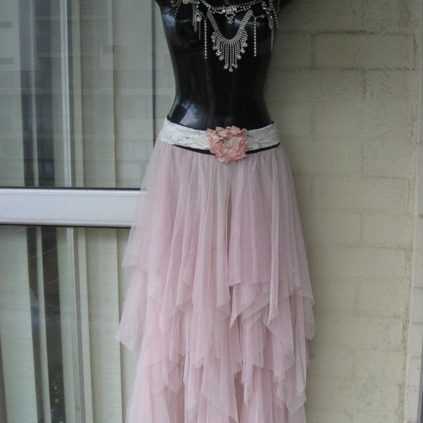 LASTDAY..Vintage Stunning Sheer Pastel Pink Tulle Net Hankerchief Hem Fairy Boho Gypsy Stevie Nicks Tutu Ballerina Maxi Skirt WAS 220