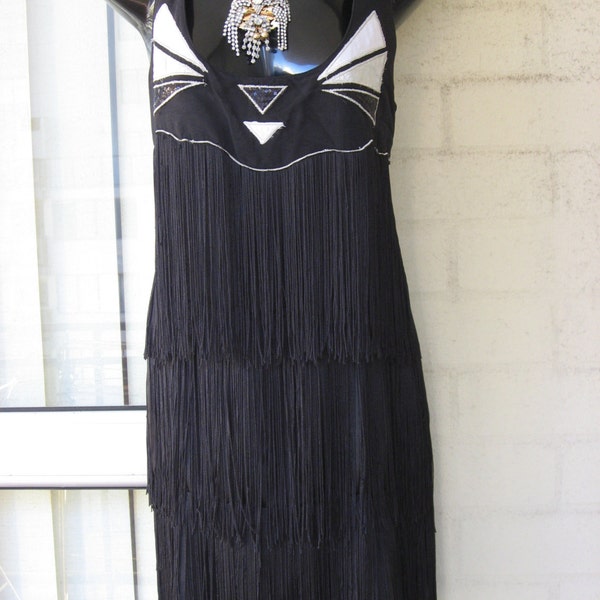 SALE...Vintage  Stunning  Black Sequined  Fringe Razor-Back Art Deco  Flapper  Great Gatsby Charlston 80s Dress