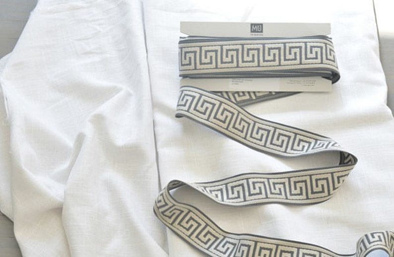 Fabric and Ribbon Included Greek Key Ribbon Trimmed Roman Shade Blackout Shades Ribbon Shades