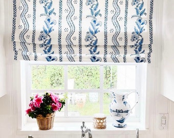 Blue Floral Striped Custom Roman Shade, Fabric Included in Price (fabric in photo)