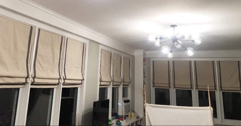 White Fabric Available Made to Order Any Size Custom Roman Shades with Ribbon Trim Banding