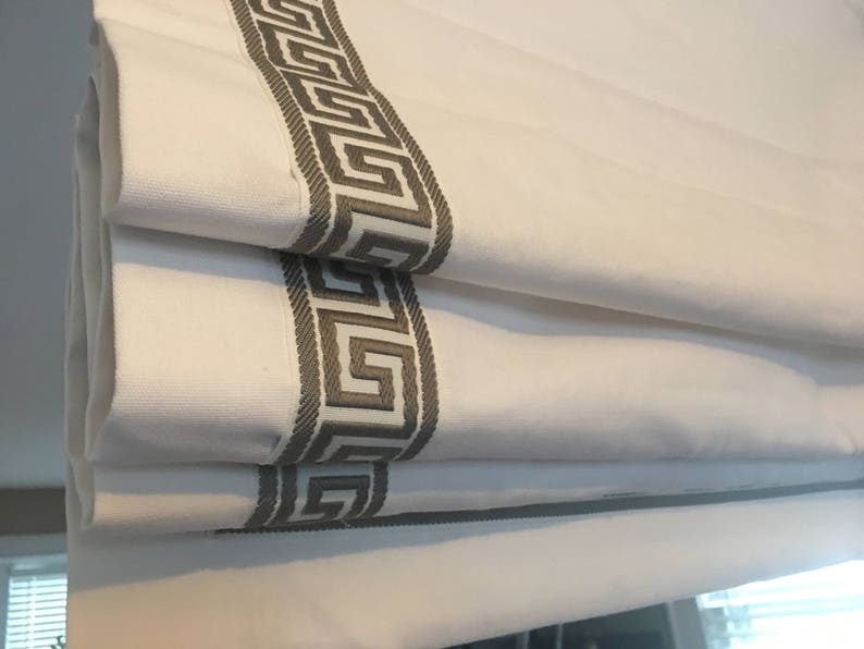Fabric and Ribbon Included Greek Key Ribbon Trimmed Roman Shade Blackout Shades Ribbon Shades