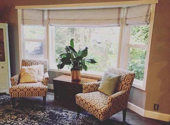 White Fabric Available Made to Order Any Size Custom Roman Shades with Ribbon Trim Banding