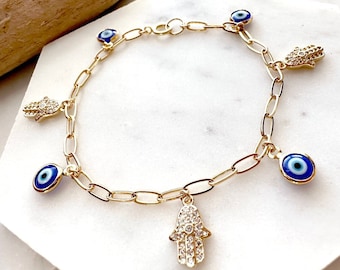 Gold Paperclip Chain Bracelet: Hamsa & Blue Evil Eye Charms
