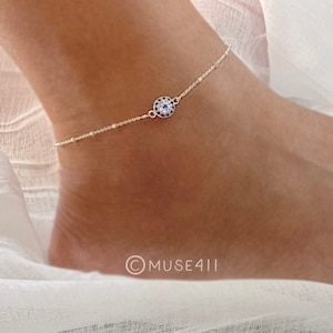 925 Silver Evil Eye Anklet: Minimalist CZ Charm