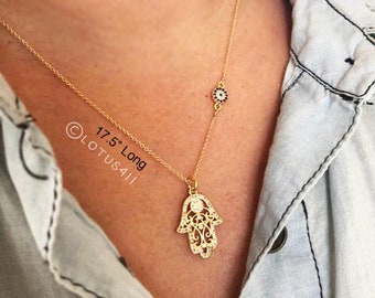 Colar Hamsa Dourado: Pingente de Olho Grego com Zircônia Cúbica, Joia de Proteção