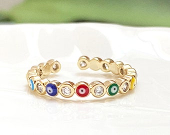 Dainty Evil Eye Ring: Gold Beaded Stacking Ring