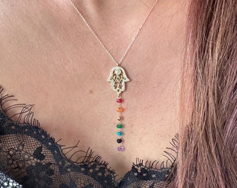 7 Chakras necklace, hamsa necklace, 7 Gemstone Necklace, gold hamsa necklace, Rainbow Necklace, Chakra Necklace, gift for women, lotus411