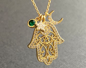 Hamsa Necklace, Gold moon and star necklace, gold Hamsa pendant Necklace, birthstone necklace, birthday gift, Hanukah gifts for her