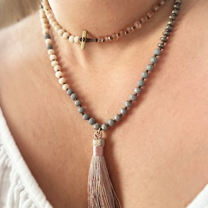 Long Beaded Tassel Necklace: Hand Knotted Boho Layering Necklace
