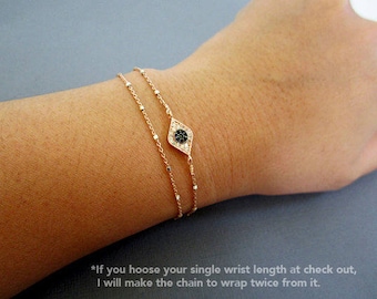 Rose Gold Evil Eye Bracelet: Sterling Silver Satellite Chain