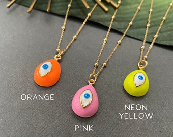 Pink Evil Eye Necklace, neon yellow Lucky Evil Eye Necklace, yoga jewelry, teardrop Evil Eye Necklace, minimalist necklace, gift fot her