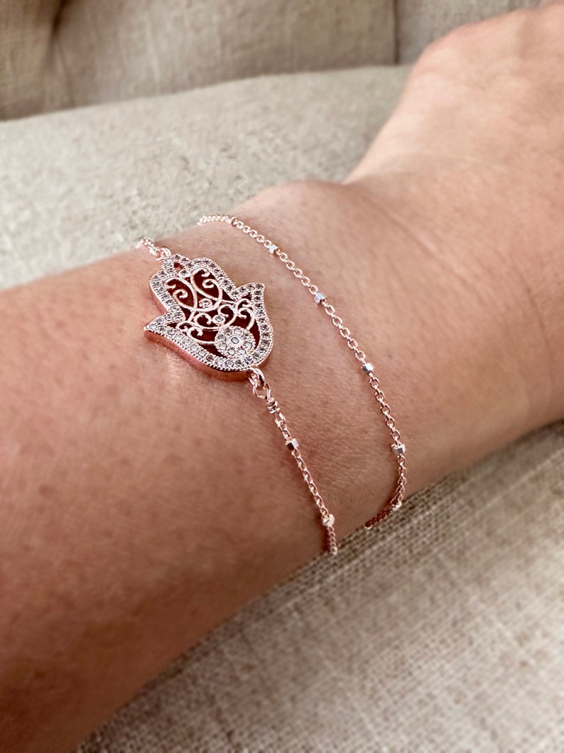 Rose gold hamsa bracelet, hamsa bracelet, double wrapped chain bracelet, Hamsa charm on double satellite chain, yoga, gift for her, Hanukkah image 8