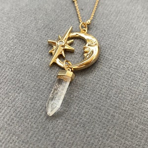 Gold moon necklace, crystal point necklace, healing crystal necklace, crescent moon necklace, gift for her, boho chic jewelry, Muse411