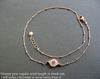 Blue Evil Eye bracelet, layered bracelet, Rose gold satellite chain, Evil Eye Jewelry, celebrity inspired jewelry