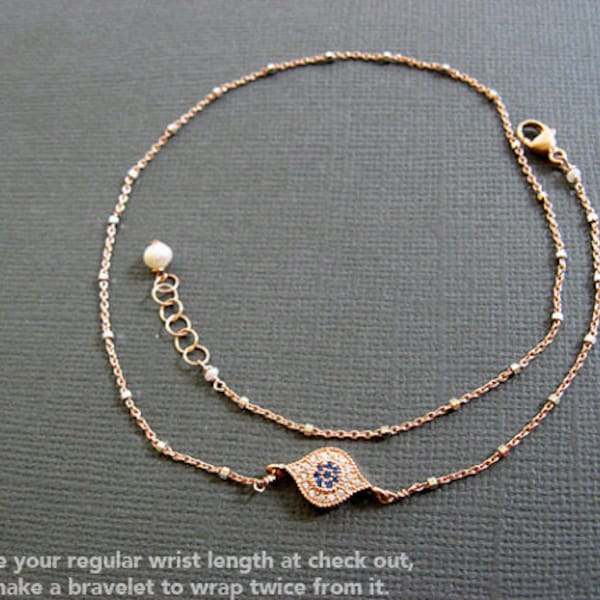 Blue Evil Eye bracelet, layered bracelet, Rose gold satellite chain, Evil Eye Jewelry, celebrity inspired jewelry