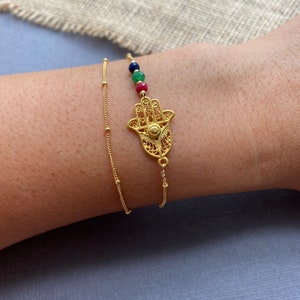 Gold Filigree Hamsa Bracelet: Gemstone Accents, Double Layered Chain