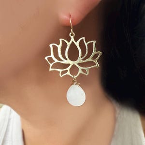 Gold Lotus Earrings: White Jade Gemstone Dangle Earrings