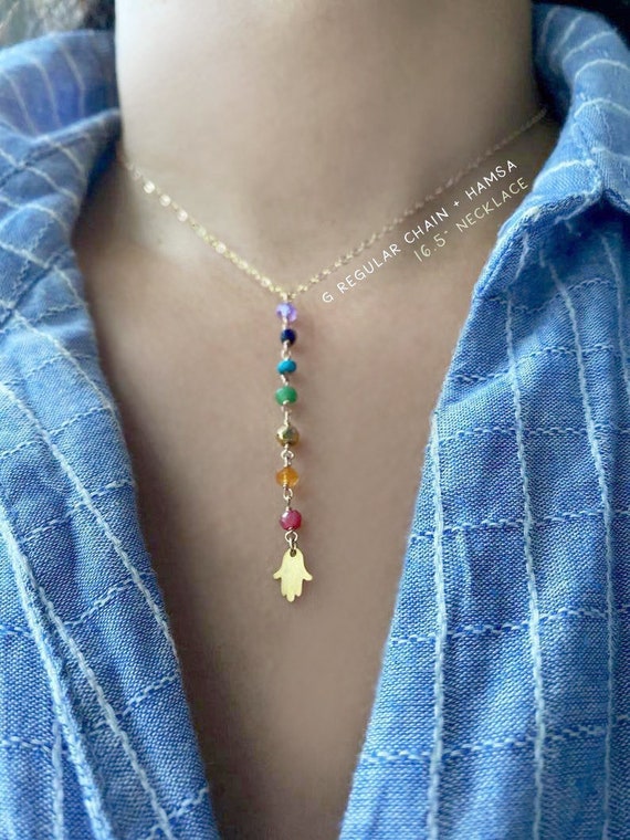 7 Chakras Stone Healing Necklace, Chakra Gemstone Necklace, Gold Hamsa  Necklace, Rainbow Necklace, Boho Chic, Chakra Necklace, Gift for Her 