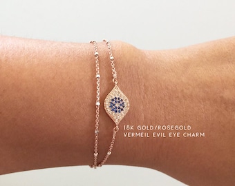 Blue Evil Eye Bracelet: Double Satellite Chain bracelet