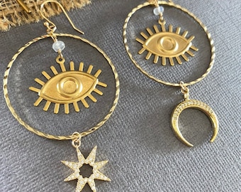 Large Evil Eye Earrings, Gold Evil Eye Hoop earrings, Asymmetrical hoop earrings, gift for women, mismatched moon and star earrings lotus411