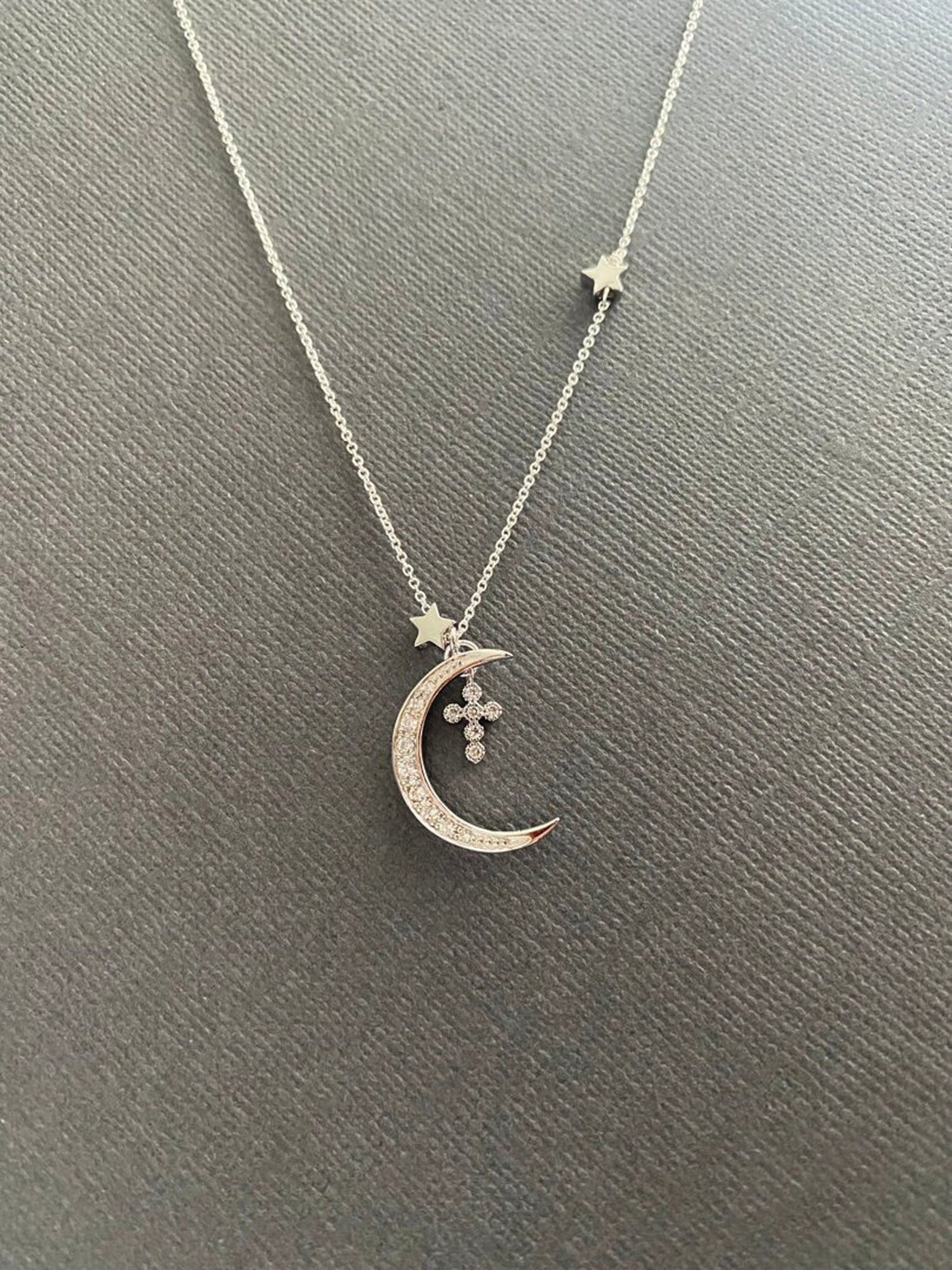 Silver Crescent Moon and Star Necklace 925 Star Necklace - Etsy