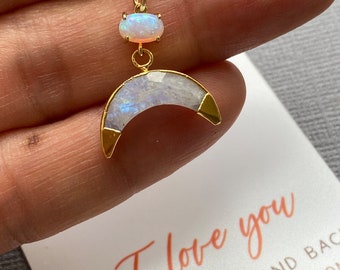 Opal Necklace, gold opal Jewelry, moonstone necklace, opal necklace gold, crescent moon necklace, healing rainbow moonstone, Muse411